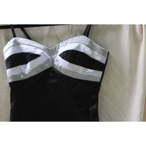Vintage Womens La Belle Satin Chevron Black Grey Straps Knee Length Dress Size 9